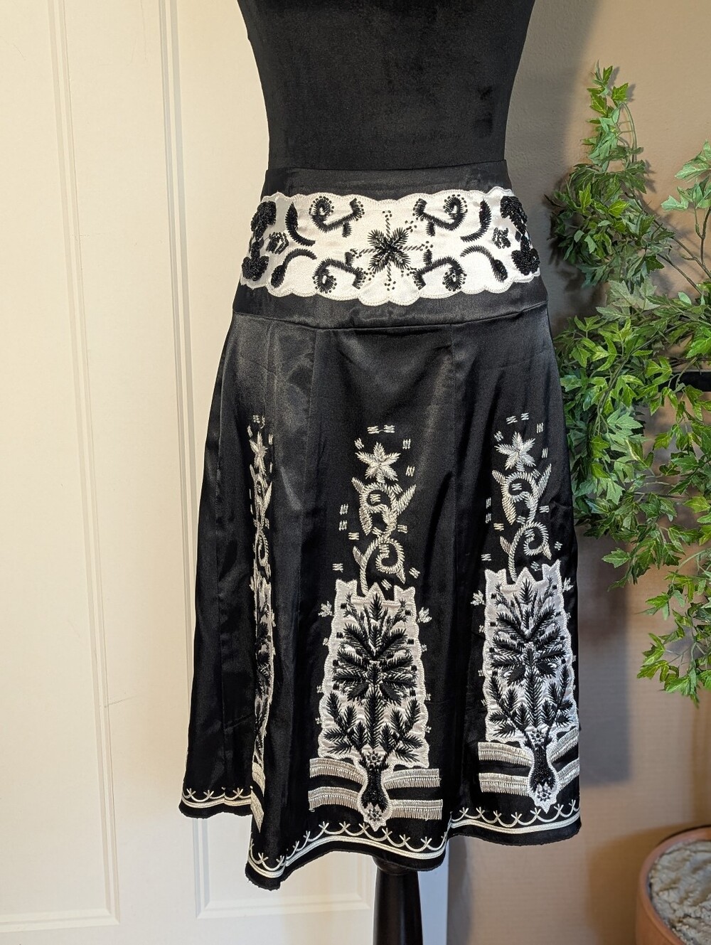Black Embroidered A-Line Skirt with White Floral Detail